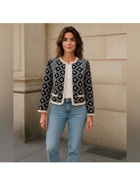 Atmosphere quilted black cream open front abstract bohemian  blazer jacket 8